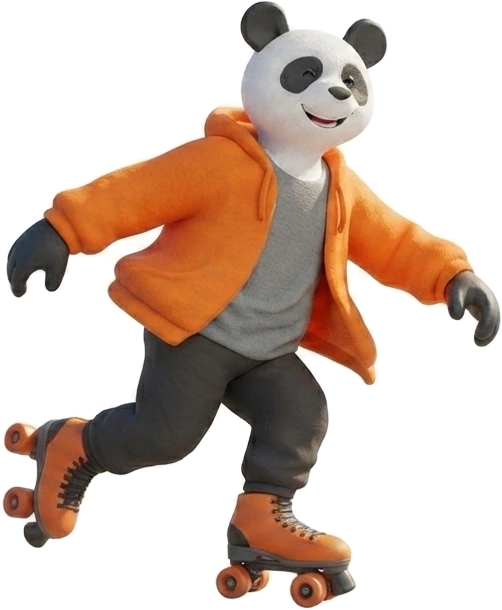 Protein Panda skating in on roller skates