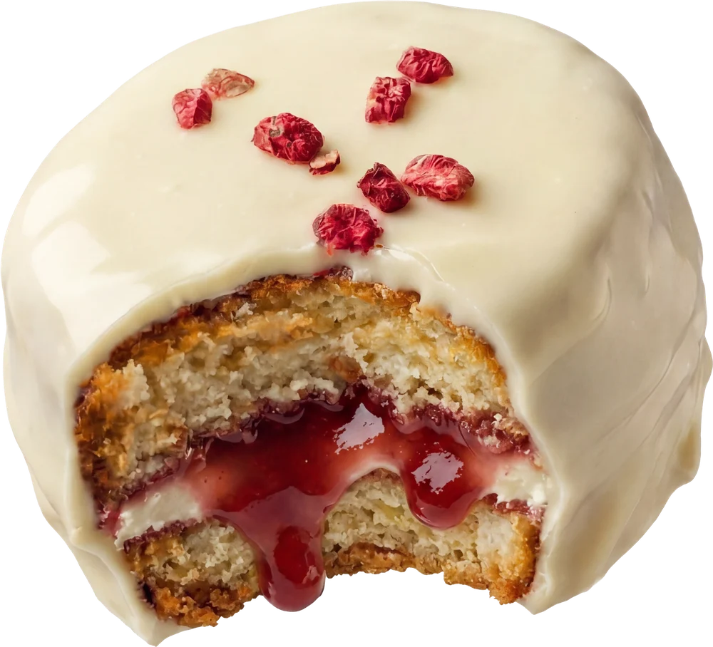 Strawberry Cheesecake protein pastry with a bite out, jam oozing